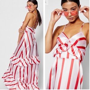 New Boohoo Satin Ruffle Striped Maxi Dress